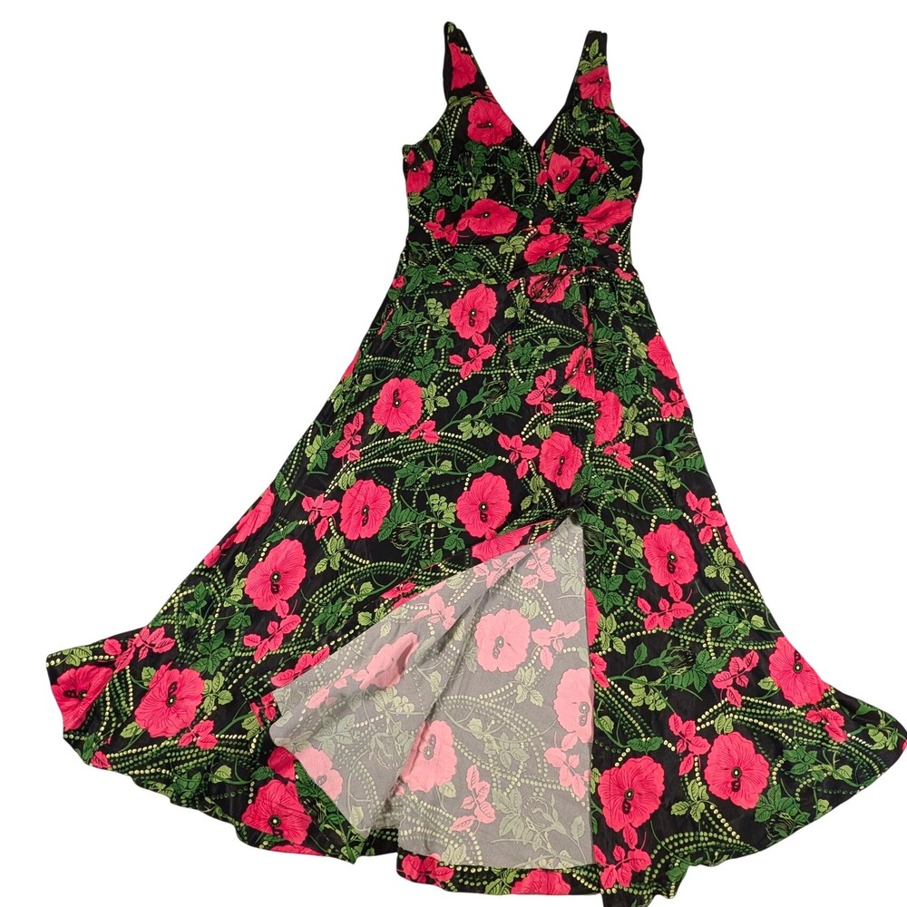 Maeve by Anthropologie Floral V-Neck Ruched Maxi Dress Black Pink Size 4 Slit - Picture 2 of 9
